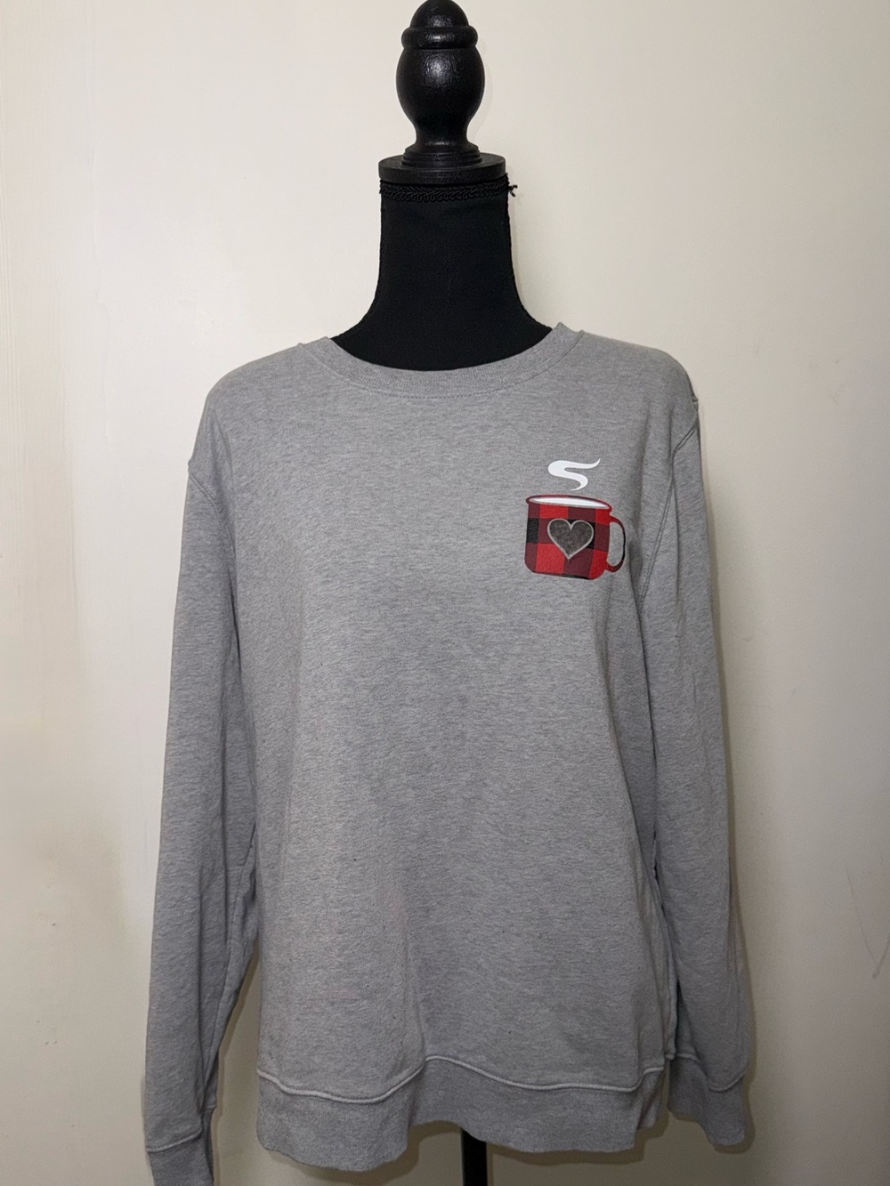 Old Navy Grey Crewneck Sweatshirt with Red Plaid Mug Graphic